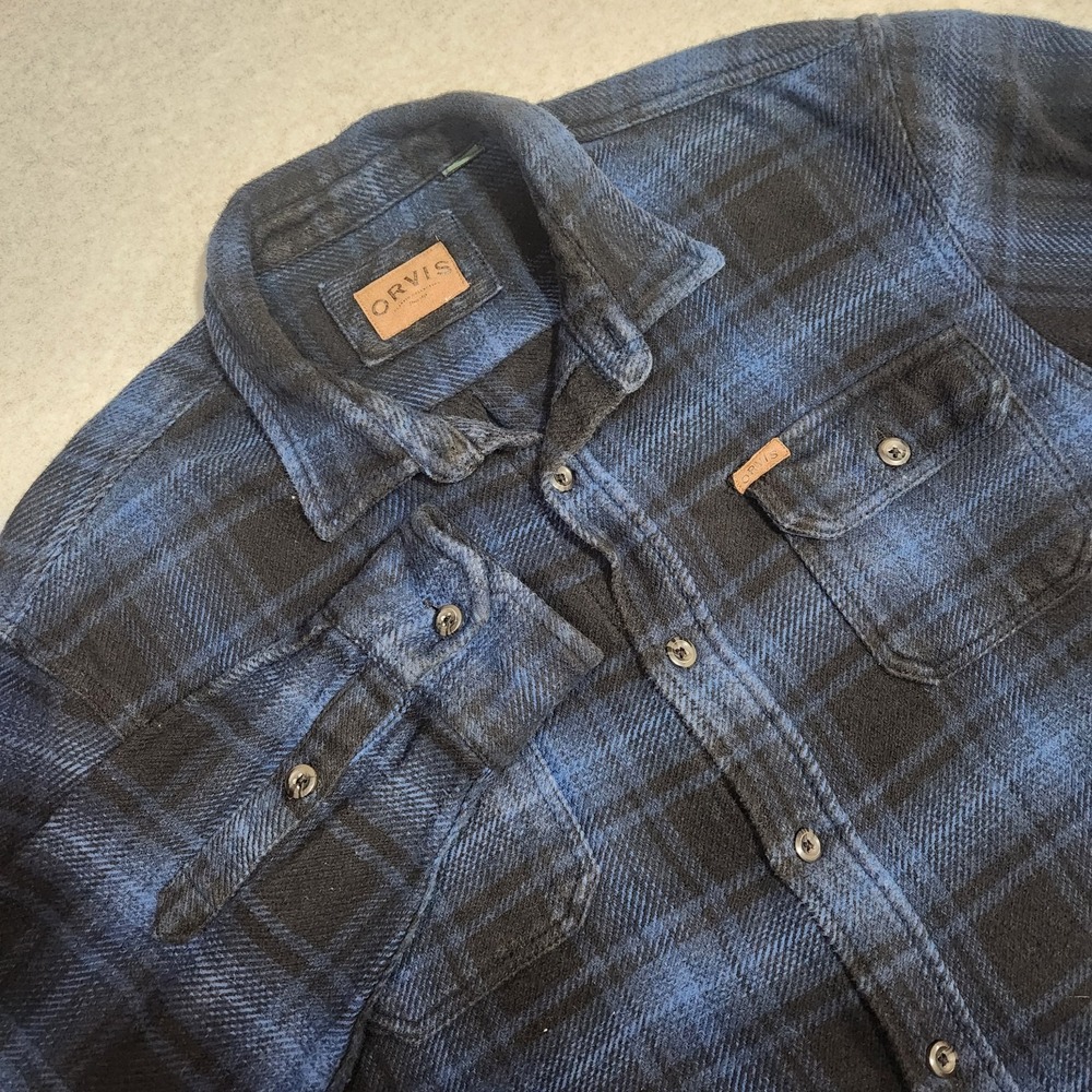 ORVIS Shirt Jacket Mens Large Blue Black Flannel Plaid Work Shacket Heavyweight